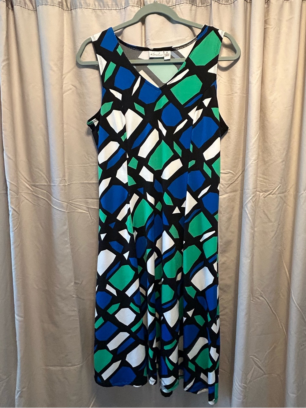 Kim Rogers Sleeveless Midi Dress in Blue, Green & White